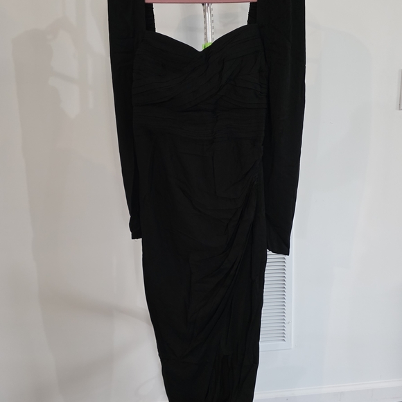 Self-Portrait Black Ruched Long Sleeve Midi Dress Slit | US 4 UK 8 - Picture 3 of 8